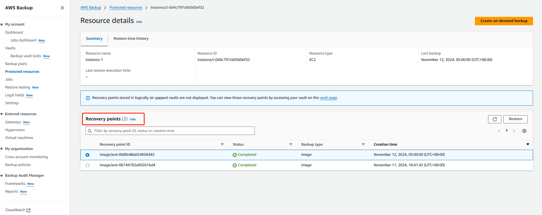 Restoring EC2 Instance from AWS Backup