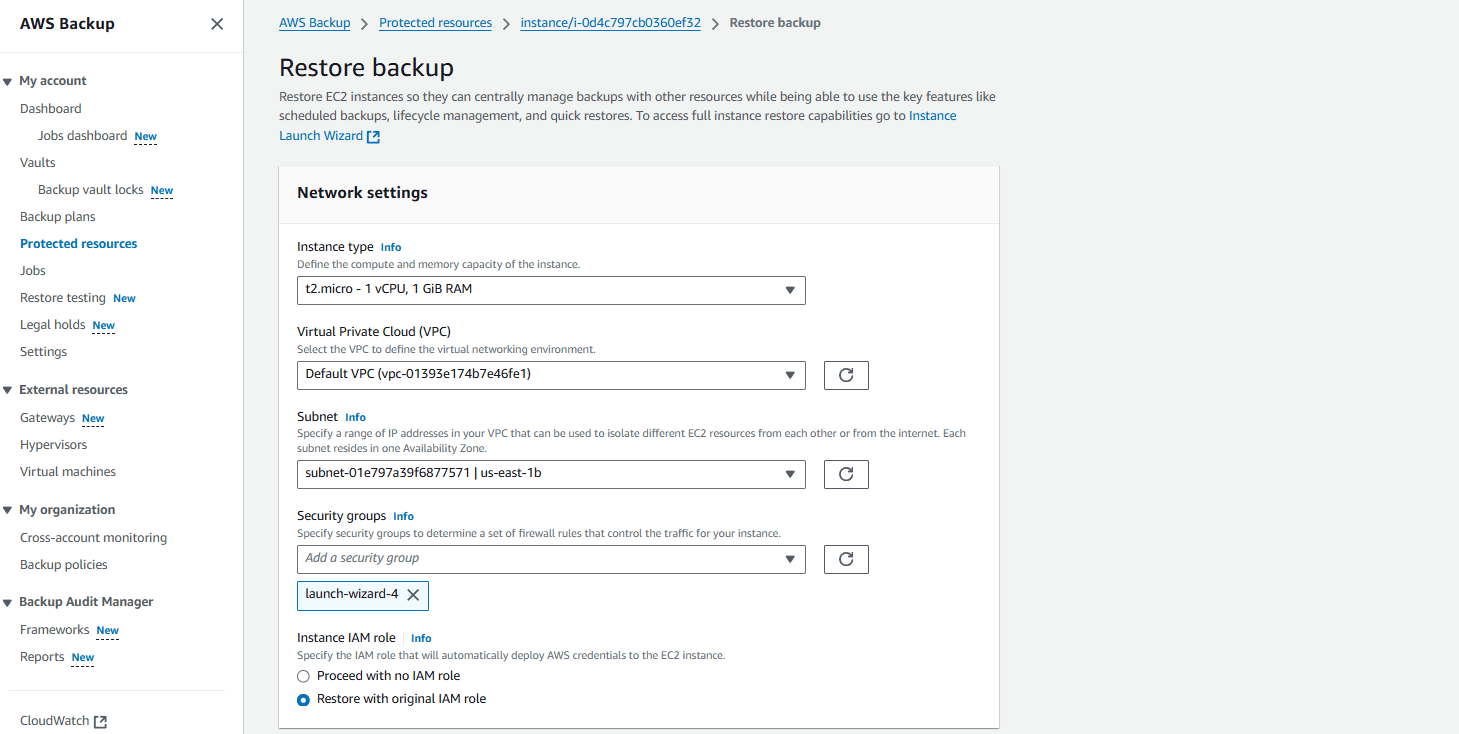 Restoring EC2 Instance from AWS Backup