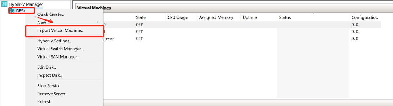 Import virtual machine in Hyper-V Manager