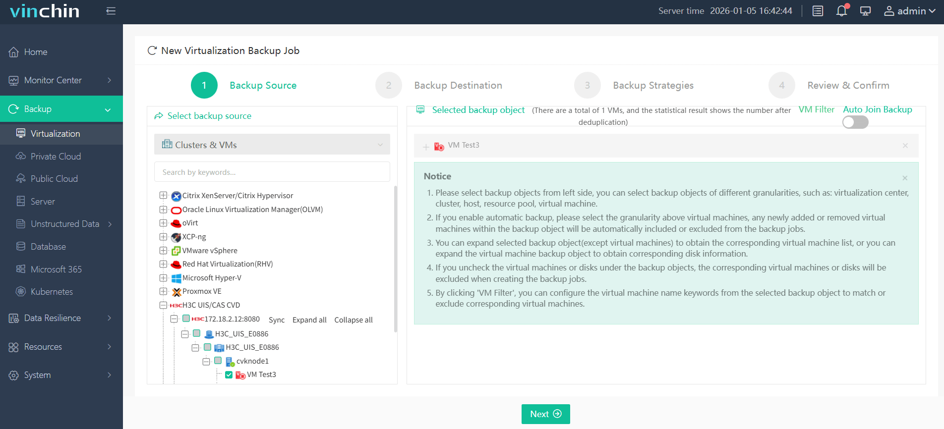 Select the H3C CAS/UIS VM(s) you want backed up Select the H3C CAS/UIS VM(s) you want backed up