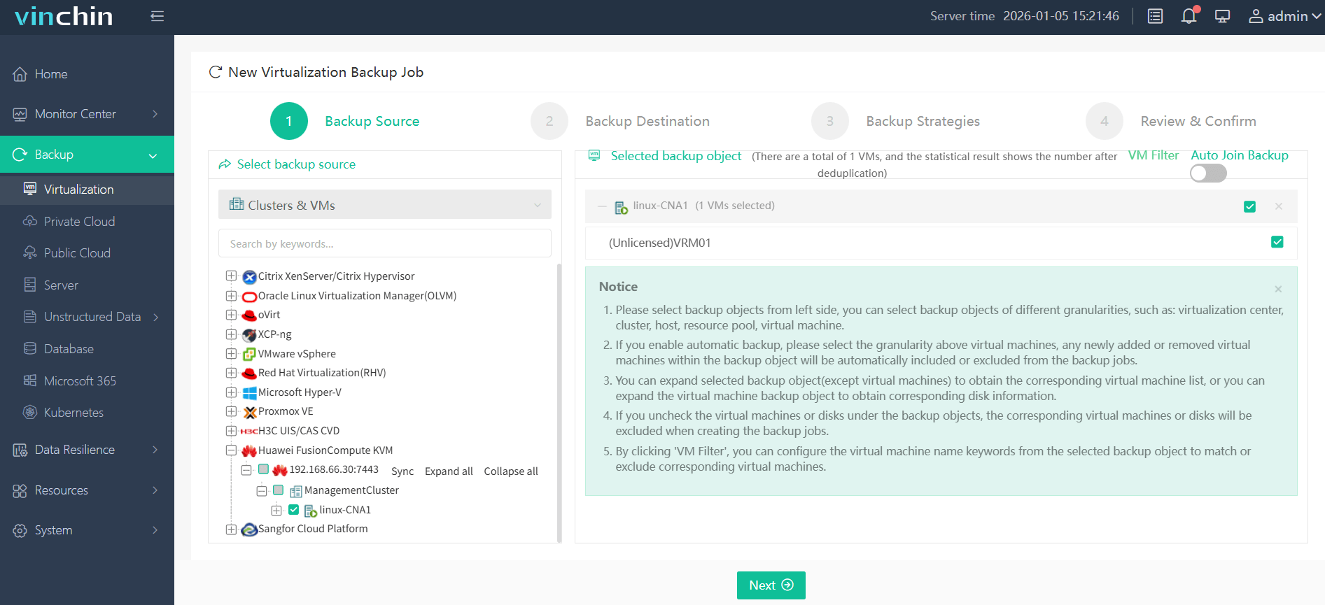 Select the Huawei FusionCompute VM to back up Select the Huawei FusionCompute VM to back up
