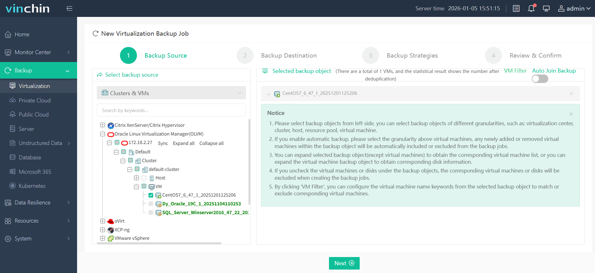 Select the Oracle OLVM VM to back up Select the Oracle OLVM VM to back up