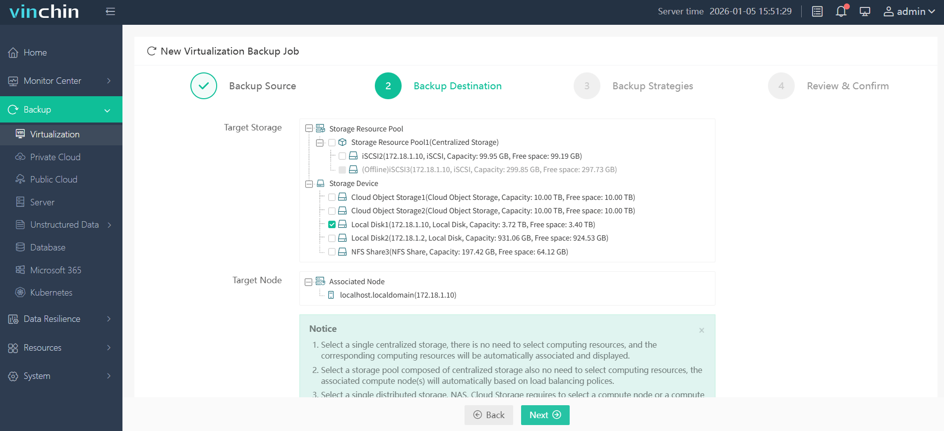 Choose the desired backup storage Choose the desired backup storage