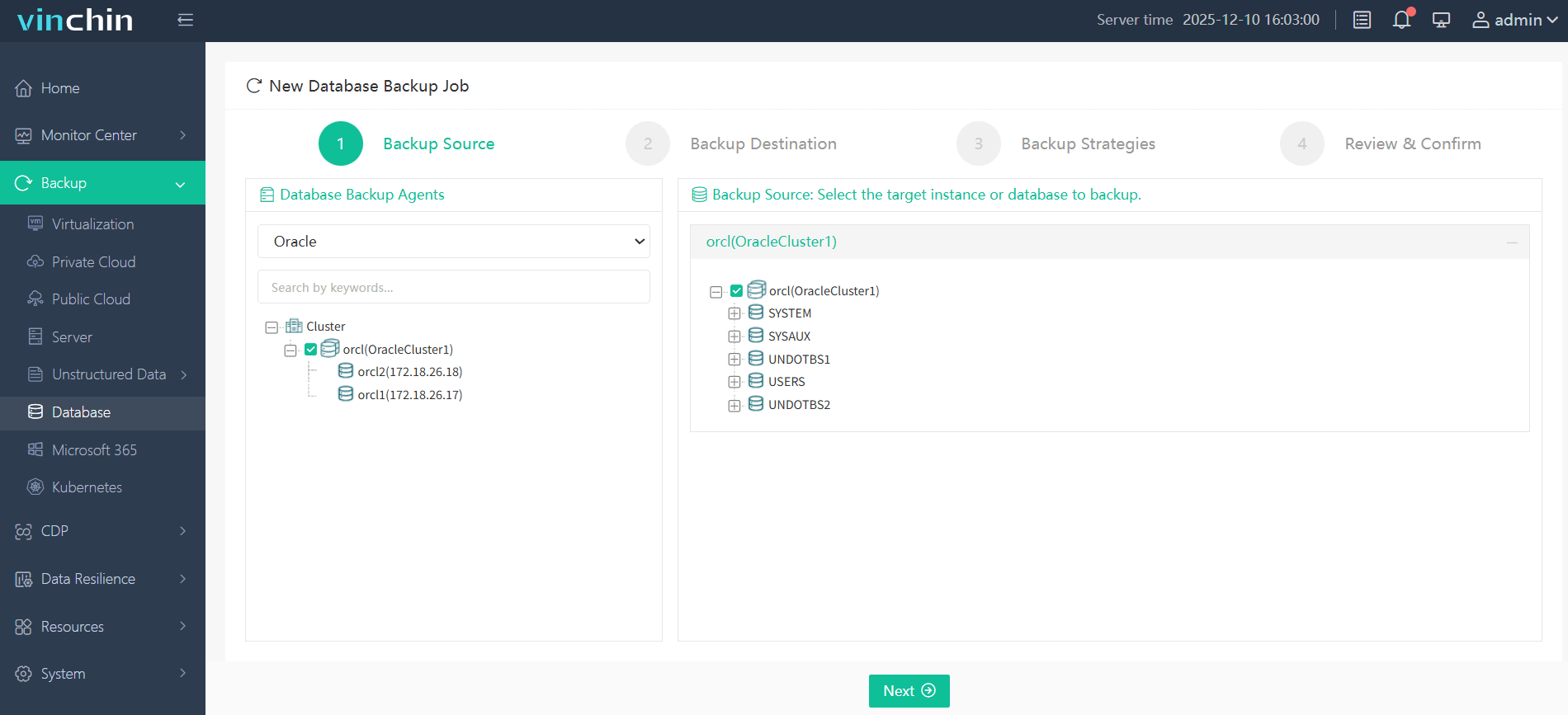Select the Oracle database to back up Select the Oracle database to back up