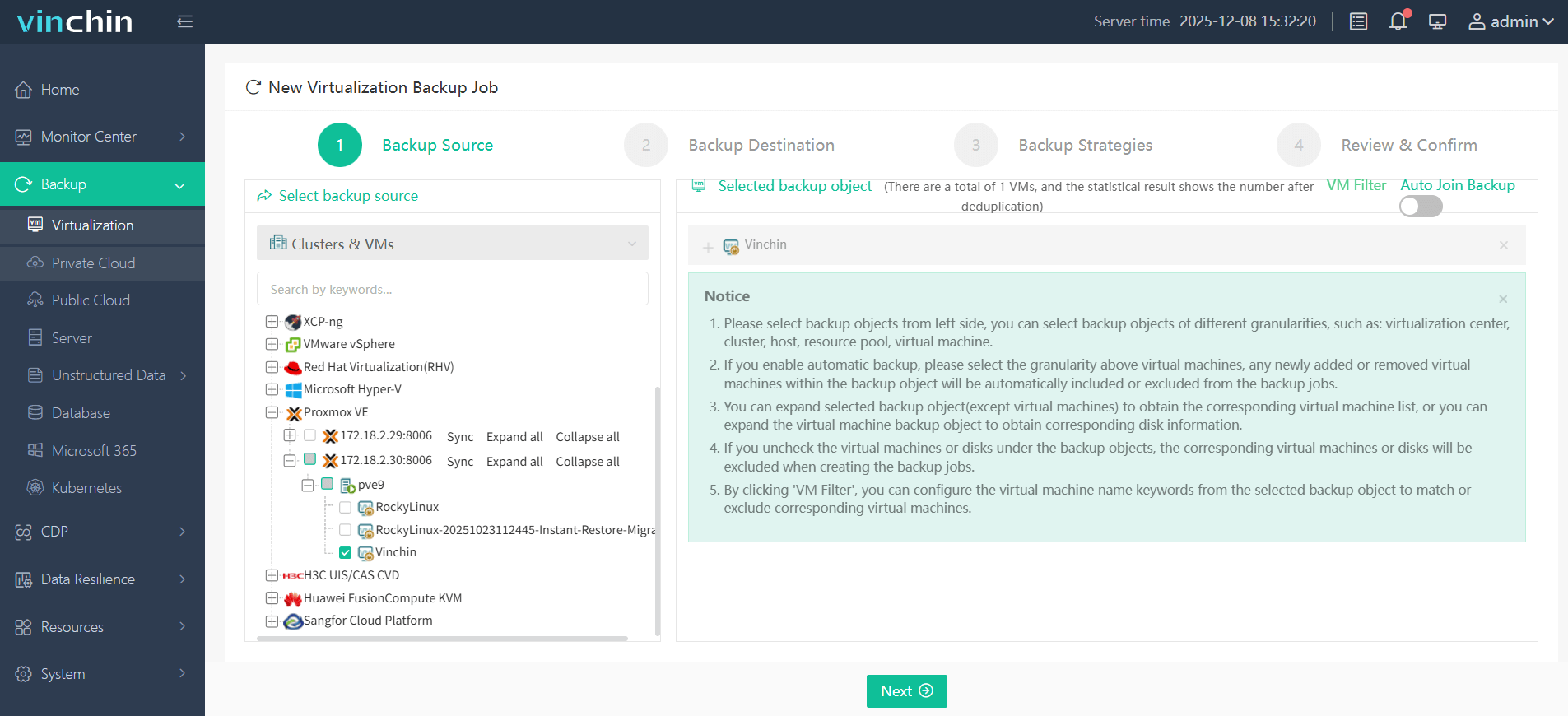 Select backup object Select backup object