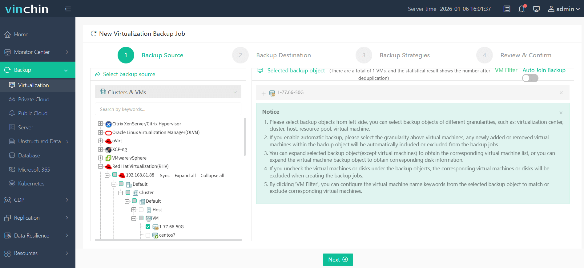 Select the RHV VM you wish to back up Select the RHV VM you wish to back up