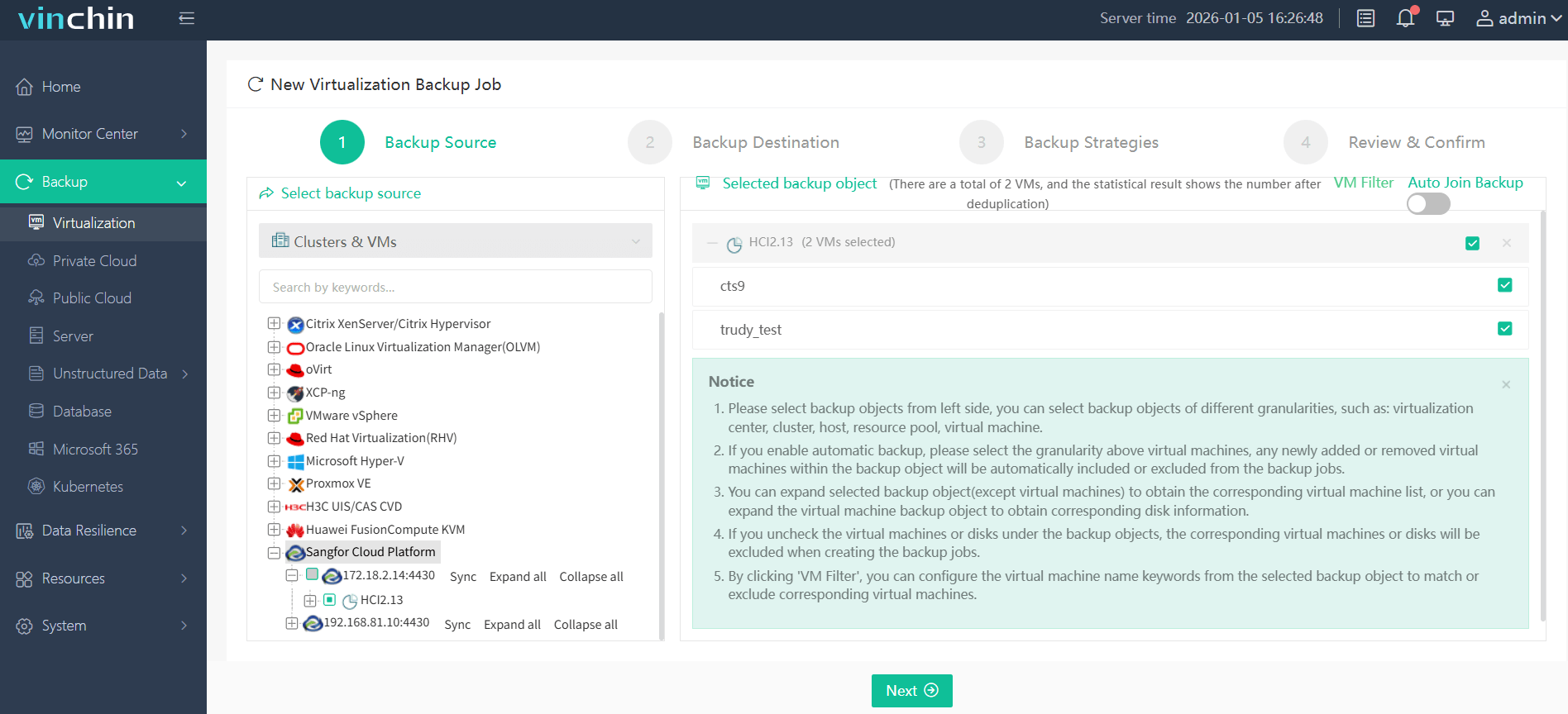 Select the Sangfor HCI VM to back up Select the Sangfor HCI VM to back up