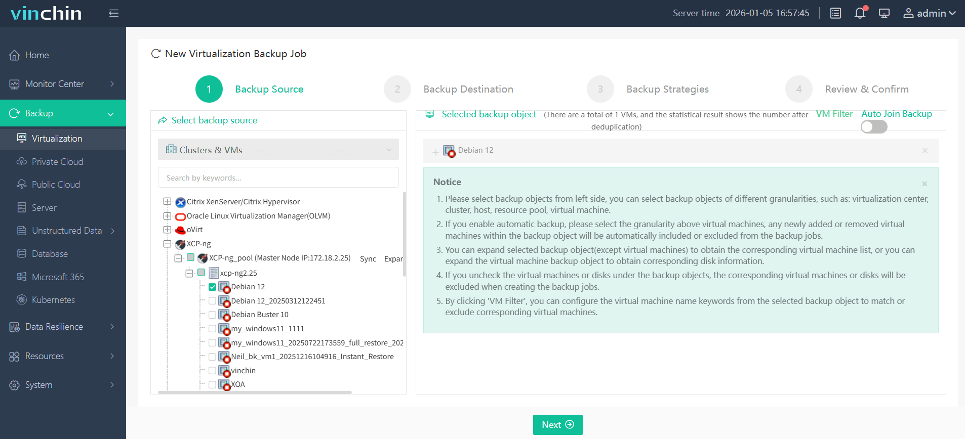 Select the XCP-ng VM to back up Select the XCP-ng VM to back up