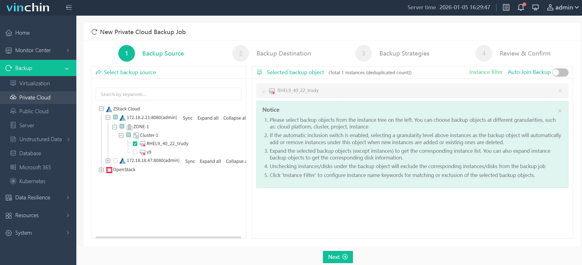 Select the ZStack VM you wish to protect Select the ZStack VM you wish to protect