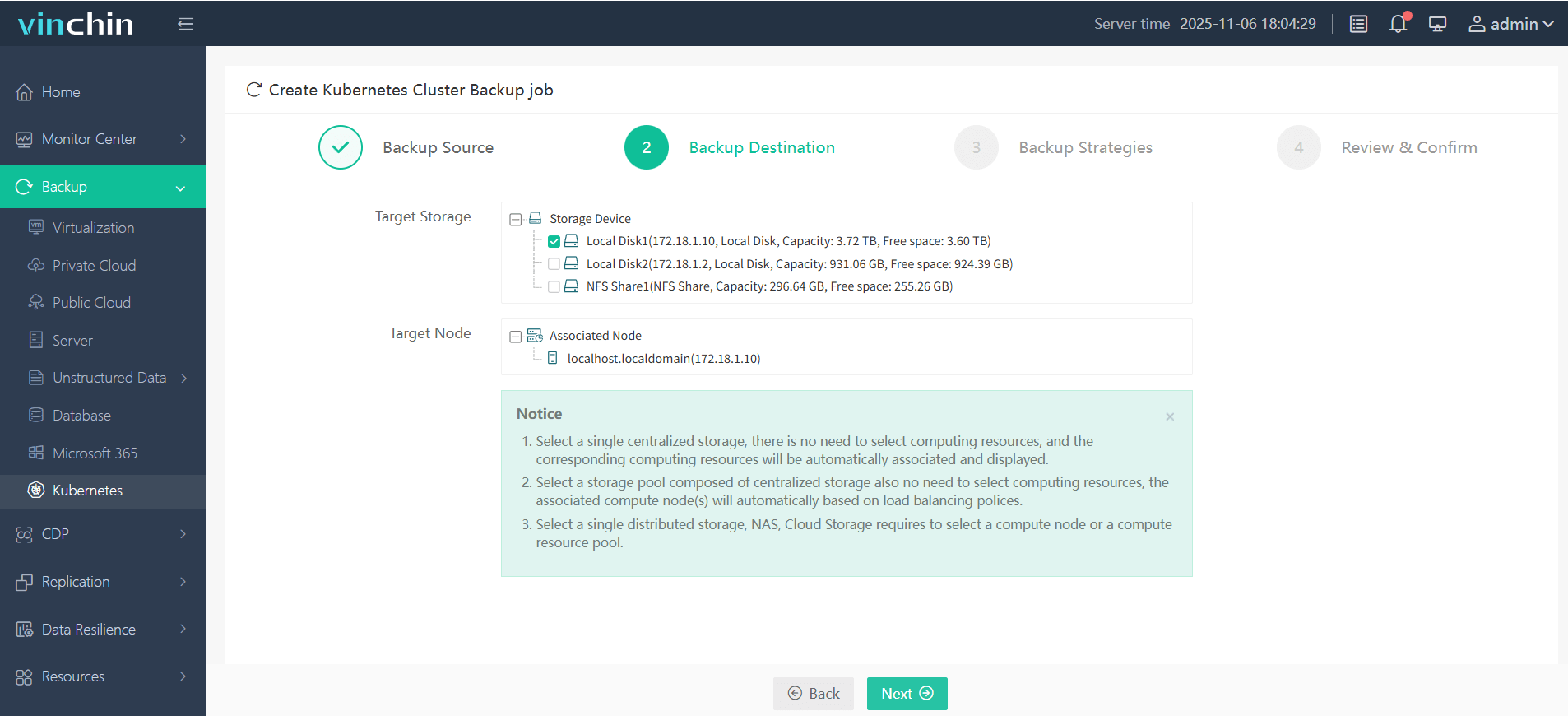 Choose the backup storage Choose the backup storage