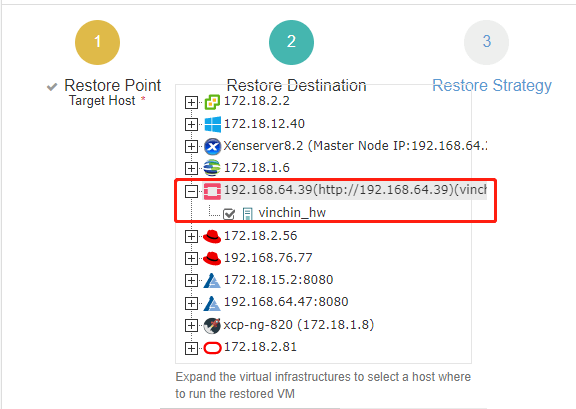 Select the OpenStack host to run the restored VM